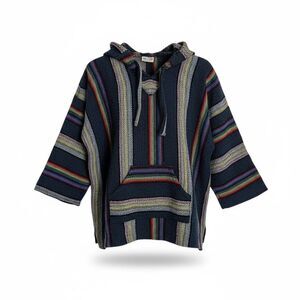 Art Maz Knit Baja Hoodie Mexican Pullover Poncho Sweater Black Yellow Size Large